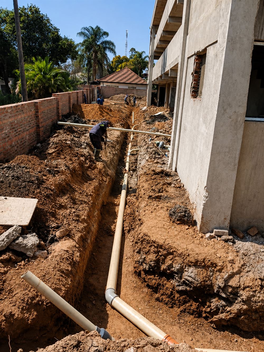 Worker laying PVC drainage pipe along an excavated trench beside a building under construction