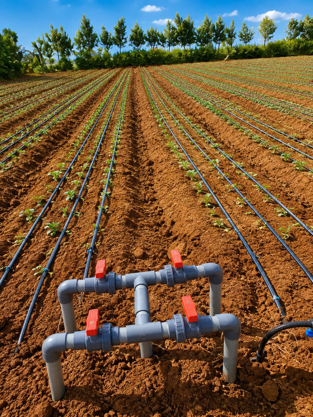 PVC manifold with red ball valves feeding drip irrigation lines running down a planted field