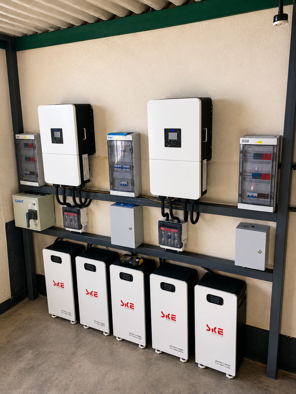 Two hybrid solar inverters mounted above five lithium batteries with distribution boards and isolators