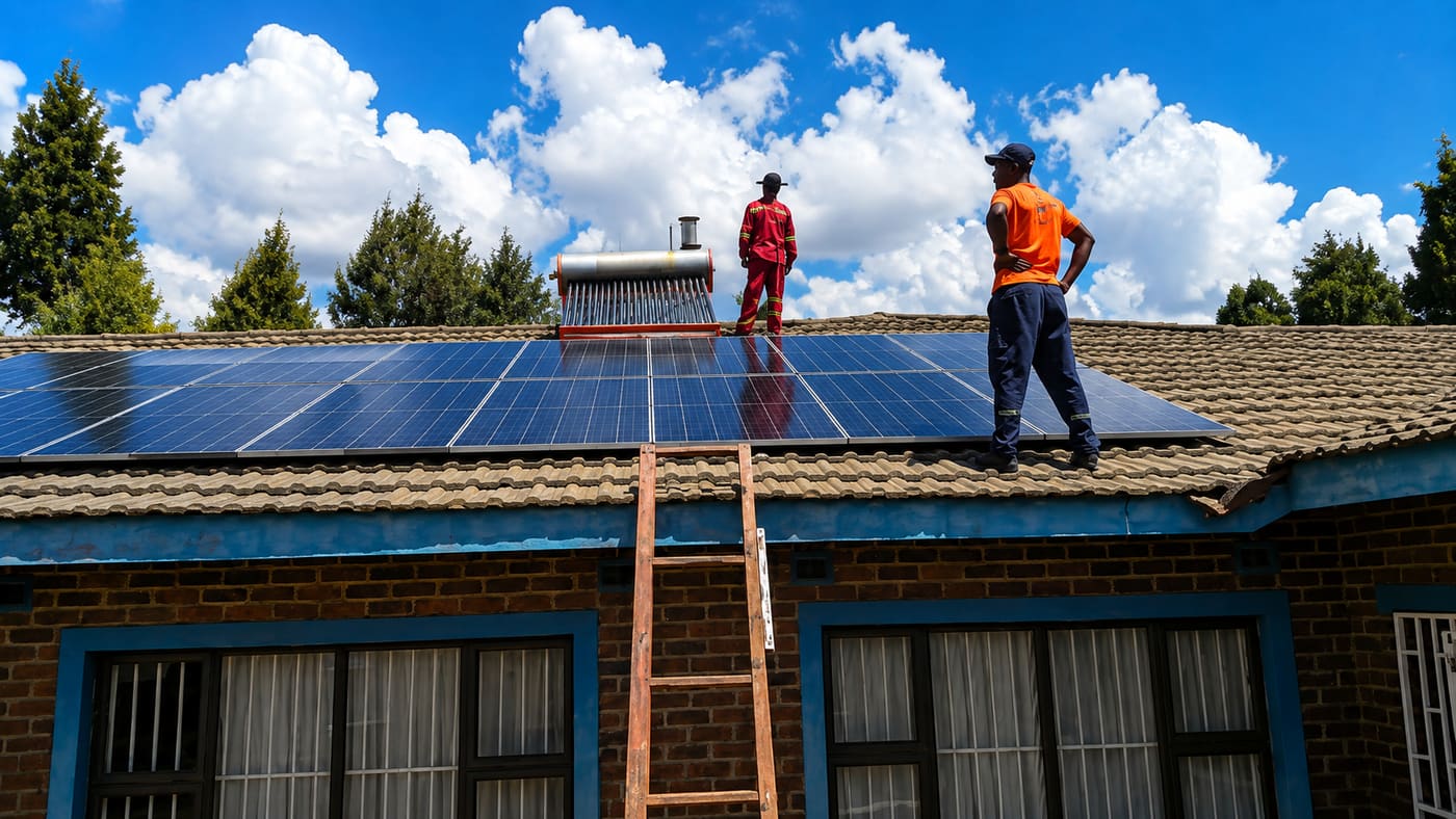 Technicians on a tiled roof beside a newly installed solar panel array and evacuated-tube solar geyser
