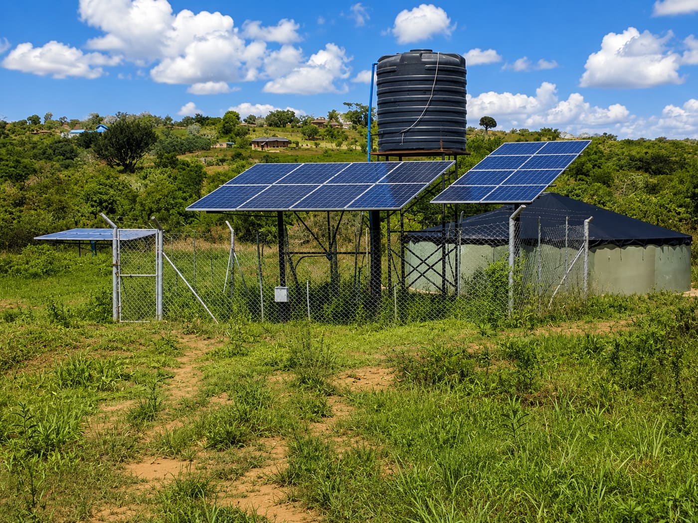 Ground-mounted solar array powering a borehole pump feeding an elevated black water storage tank